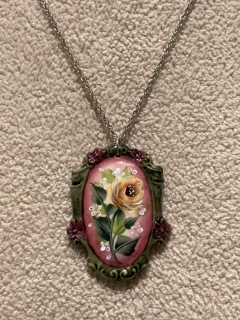 Studio Art Pottery Hand Painted Pendant Necklace Signed Judy Miller